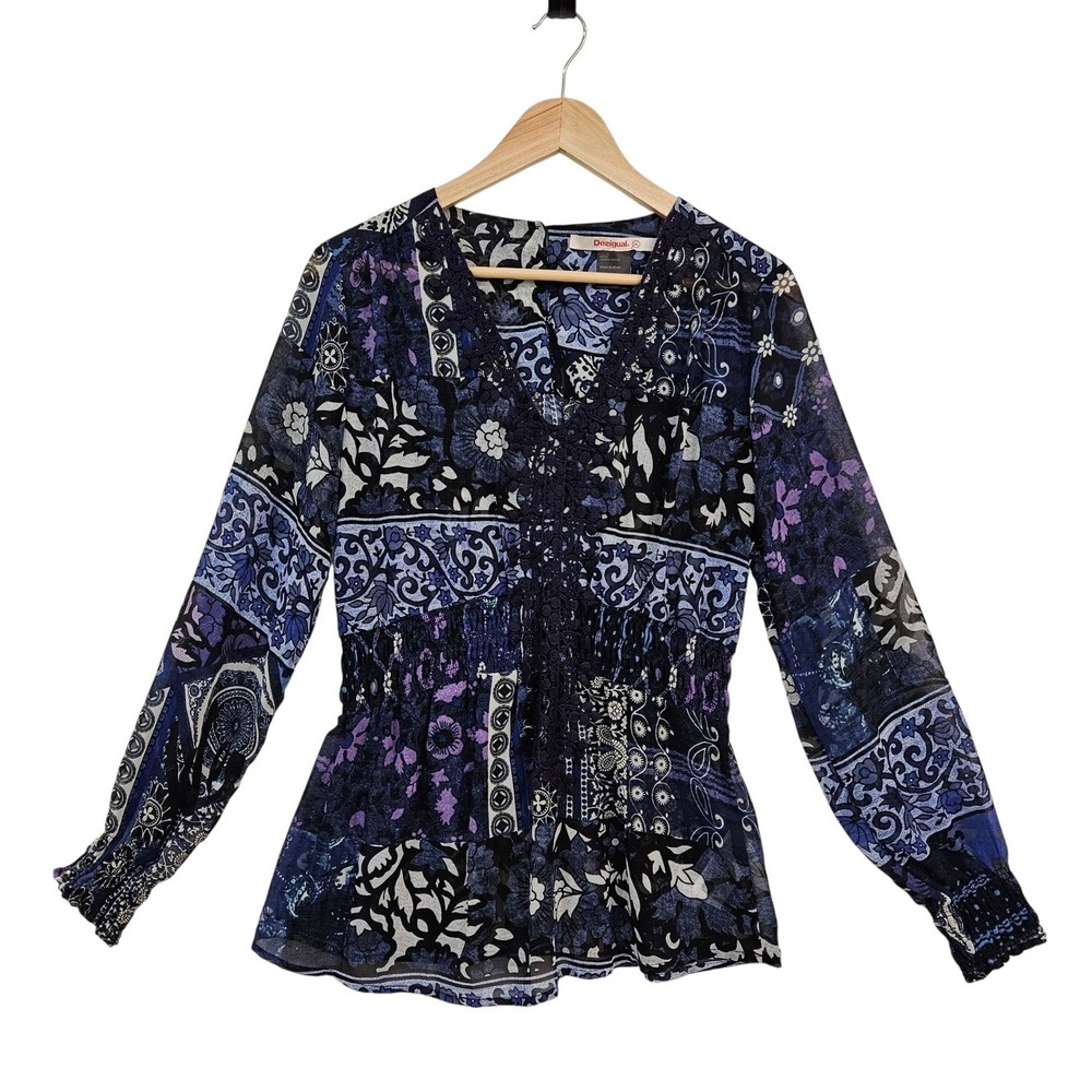 Desigual Womens Blue Floral Boho‎ Embroidered Smocked Sheer Blouse US 12 TAG XL